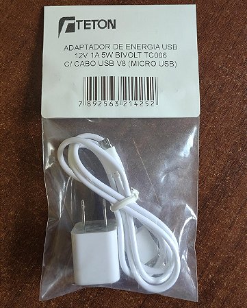 ADAPTADOR DE ENERGIA USB 12V 1A 5W BIVOLT TC006 C/ CABO USB V8 (MICRO USB)