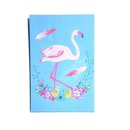 Placa Decorativa MDF 20x30 Flamingo Rosa Penas e Flores Fundo Azul