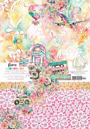 Bloco Papel Scrapbook A5 Flores - Carina Sartor - Coleção Mix Tape