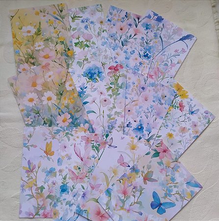 Papéis Estampados A6 Papel Retrô 12pçs - Flores Aquareladas