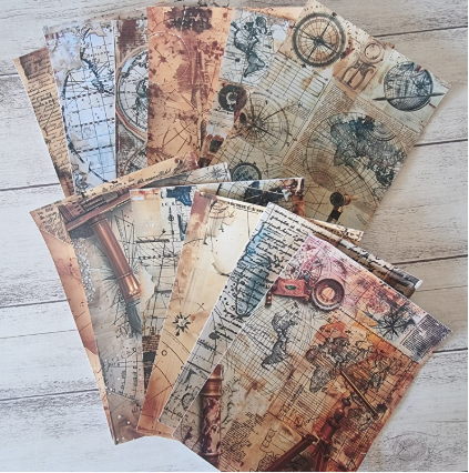 Papéis Estampados A6 Papel Retrô 12pçs - Mapa Mundi