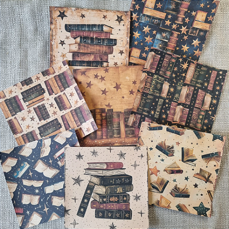 Papéis Estampados 15x15 cm Papel Retrô  8pçs - Livros e Estrelas