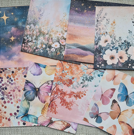 Papéis Estampados 15x15 cm Papel Retrô 8pçs - Borboletas e Flores