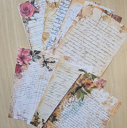 Papéis Estampados A6 Papel Retrô 12pçs - Manuscrito e Flores