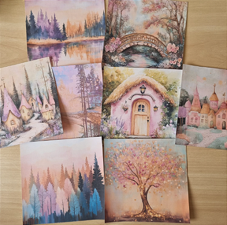 Papéis Estampados 15x15 cm Papel Retrô  8pçs - Floresta Encantada