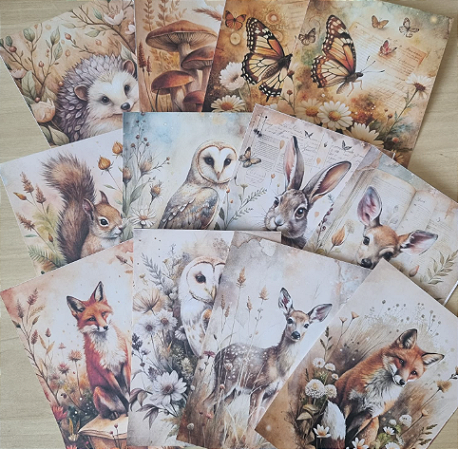 Papéis Estampados A6 Papel Retrô 12pçs - Animais na Floresta