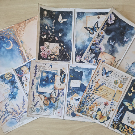 Papéis Estampados A5 Papel Retrô 6pçs - Junk Journal Noite