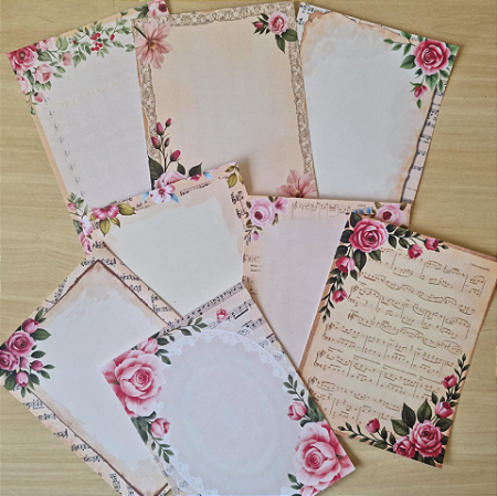 Papéis Estampados A5 Papel Retrô 8 pçs - Rosas e Partituras