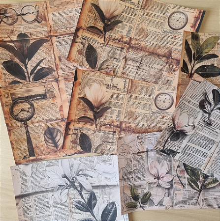 Papéis Estampados A5 Papel Retrô 8 pçs - Jornal e Plantas