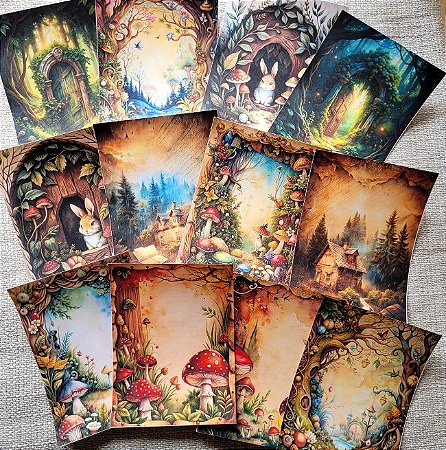 Papéis Estampados A6 Papel Retrô 12pçs - Floresta de Cogumelos