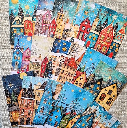 Papéis Estampados A6 Papel Retrô 16pçs - Casinhas Coloridas
