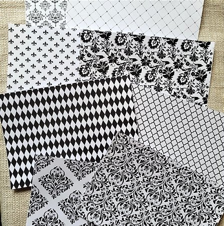 Papéis Estampados A5 Papel Retrô 8pçs - Fundo Preto e Branco