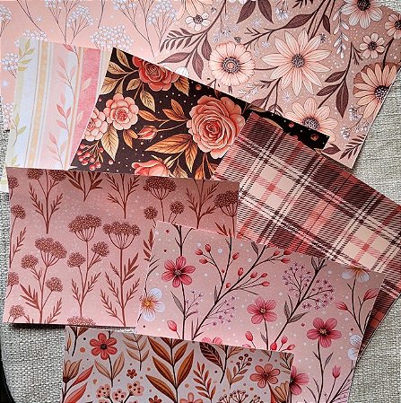 Papéis Estampados A5 Papel Retrô 8pçs - Floral Rosa Antigo