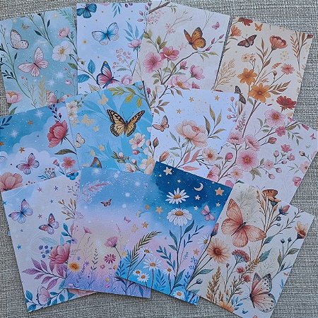 Papéis Estampados A6 Papel Retrô 12pçs - Borboletas e Flores