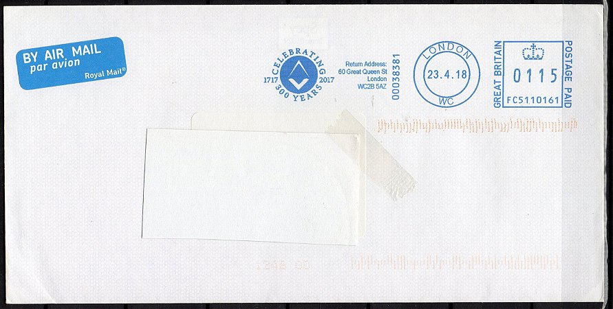 2018 Reino Unido - 300 anos da Grande Loja Unida: envelope circulado com flâmula de franquia postal - marca de triagem - raro