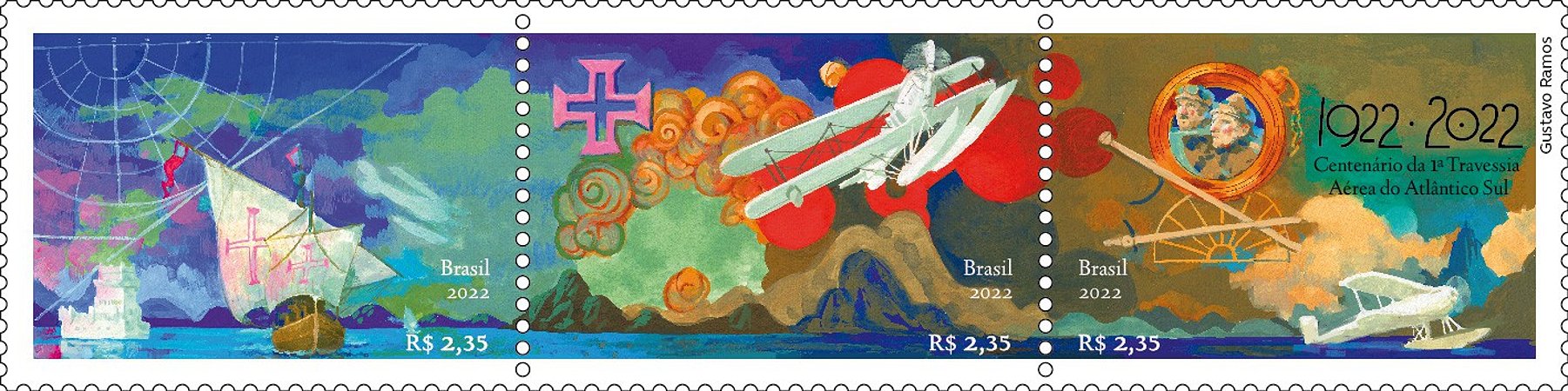 2022  Centenário da Primeira Travessia Aérea do Atlântico Sul - serie de 3 selos se-tenant (mint)