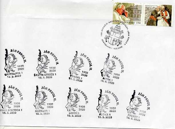 2020 Eslováquia - Papa João Paulo II  100 anos - raro envelope com carimbo 1º dia + 9 carimbos de cidades diferentes (novo)