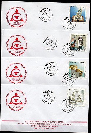 2004 Maçonaria - conjunto de 4 FDCs (não Oficiais) envelope Loja Maçônica Agudos