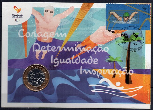 2016 Rio 2016 - Máximo Postal Numismático com Moeda Paralimpica - Modalidade Natação - peça exclusiva