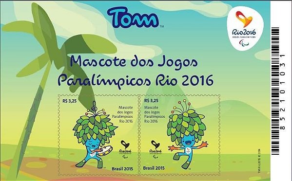 2015 - JOGOS OLÍMPICOS E PARALÍMPICOS: BLOCOS MASCOTES TOM E VINICIUS (Block mint) Olympic Mascot