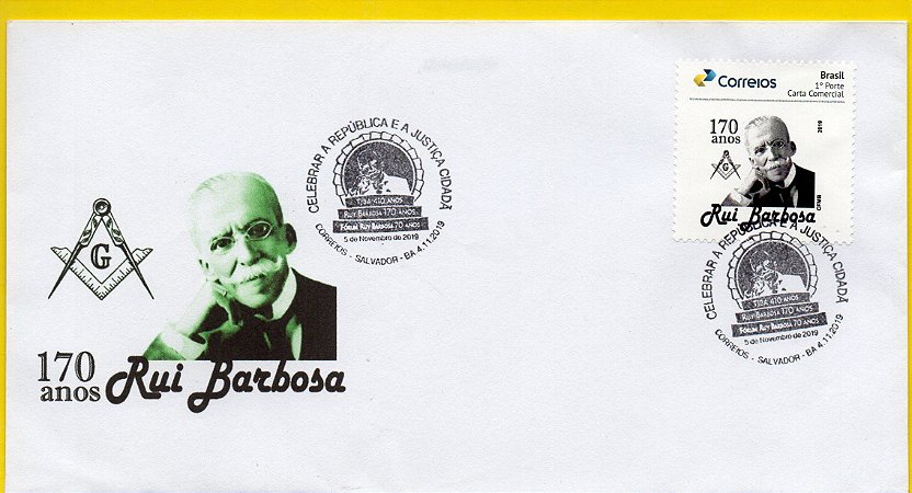 2019 Rui Barbosa 170 anos - envelope novo com personalizado e carimbo comemorativo