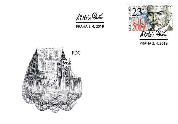 2019 - República Tcheca - FDC  Alois Rasin, maçom e ministro das finanças - 100 anos da moeda (mint)