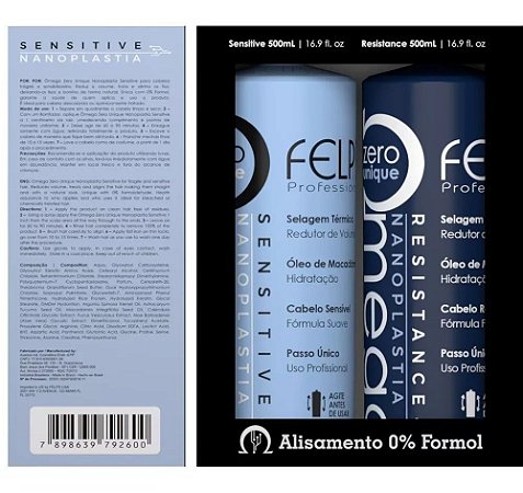 Kit Escovas Progressiva Ômega Zero Nanoplastia Sensitive e Resistense 2x500ml Felps Professional
