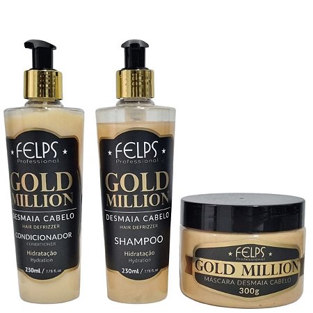 Kit Desmaia Cabelo Gold Million Felps Professional Shampoo+Concidicionador 230ML+Máscara 300g - Edição Limitada