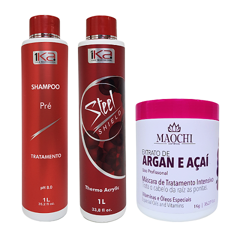 Kit Escova Progressiva Semi-Definitiva Steel Shield 1L+ Shampoo Pré Antirresíduo e Máscara Hidratante Maochi Cosméticos 1KG Profissional