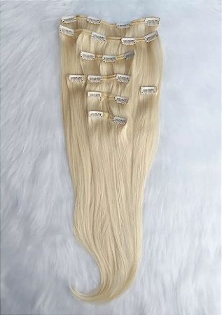 Mega Hair Cabelo Humano Tic-Tac Loiro Platinado Liso 60cm 140g Kit 7 peças