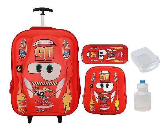 Mochila 3D Carros Escolar Infantil EVA Rodinha Kit completo