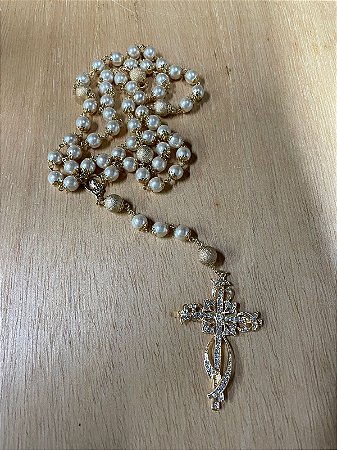 Terço Noiva - Pérola Bege - Dourado - 10mm
