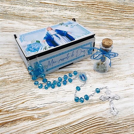 Terço Cristal - Azul (8mm) - C/ Caixa mdf e Pingente - Nossa Senhora das Graças