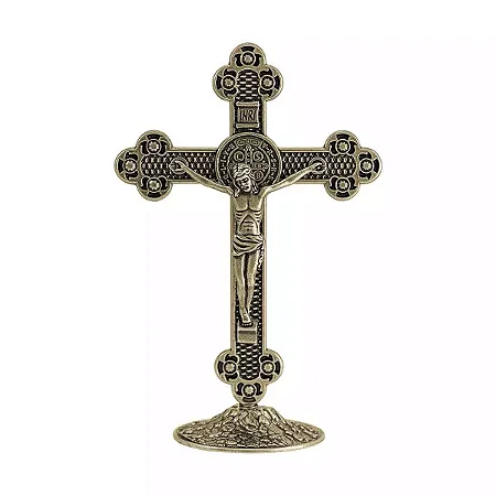 Crucifixo - c/ a Medalha de São Bento - Ouro Velho - 13cm