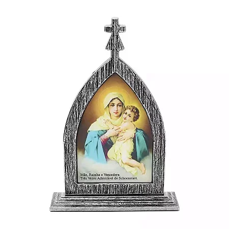 Capela - Mãe Rainha C/ Oração - Prata Velha - 17cm - Metal