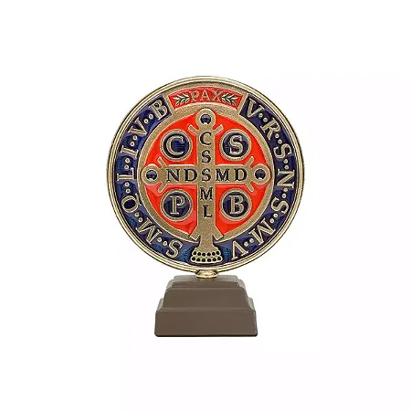 Medalha de São Bento - C/ base em madeira - Ouro Velho - 9cm