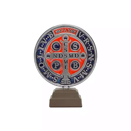 Medalha de São Bento - C/ base em madeira - Prata Velha - 9cm
