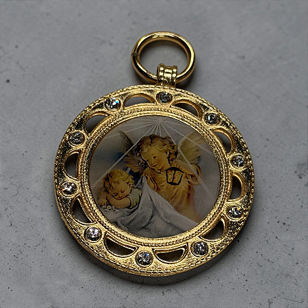 Medalhão de Berço - Anjo da Guarda/ Redondo - Strass - Dourado