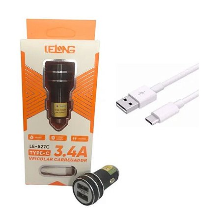 Carregador  Veicular 3.4A 17w para Carro com Duas Entradas + Cabo Tipo C