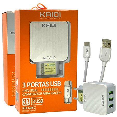 Carregador Rápido Turbo Kaidi  3.1A 3Usb + Cabo Tipo C