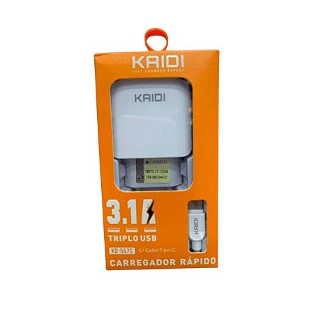 CARREGADOR RÁPIDO TIPO C 3.1A - KAIDI KD 557C - TRIPLO USB