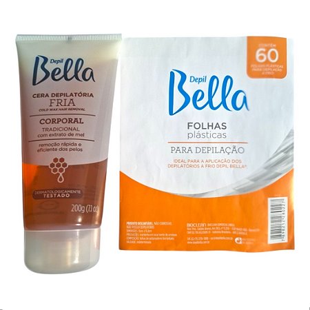 Kit Depil Bella Cera Fria Bisnaga Mel 200g + 60 Folhas Plásticas