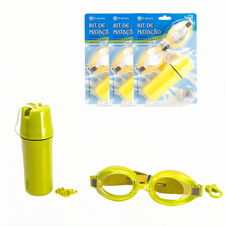 Óculos AX Natação Adulto c/ Tampão Ouvido, Protetor Nariz e Estojo Amarelo - PACK COM 3 PROMO