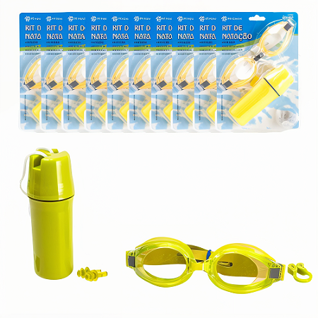 Óculos AX Natação Adulto c/ Tampão Ouvido, Protetor Nariz e Estojo Amarelo - PACK COM 10 PROMO