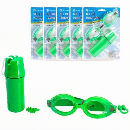 Óculos AX Natação Adulto c/ Tampão Ouvido, Protetor Nariz e Estojo Verde - 419 PACK COM 5PROMO