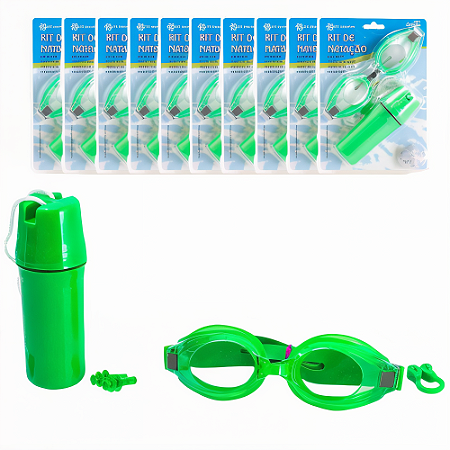 Óculos AX Natação Adulto c/ Tampão Ouvido, Protetor Nariz e Estojo Verde - 419 PACK COM 10 PROMO
