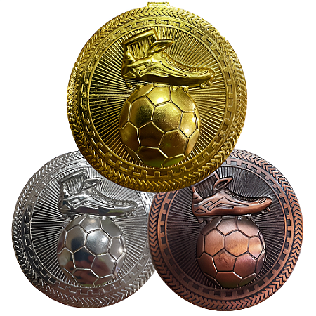 Medalha FUTEBOL Chuteira PE NA BOLA Ouro/Prata/Bronze AX 65mm YWA 470 - PACK COM 3 (1 de Cada)