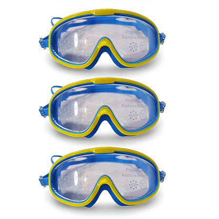 Óculos Natação Infantil Máscara Panorâmica AX Azul e Amarelo Silicone c/ Estojo PROMO - 867 - PACK COM 3
