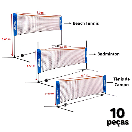 Kit Rede Portátil Poste Tênis/Badminton/Beach Tênis, Regulável e Cromado c/alt. até 1,65 m. x 6 m. Largura - PACK COM 10