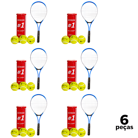 6 Raquete Tênis Campo Adulto PRO Aluminio com Bolsa AX CY T27 Azul + 6 Tubo 3 Bolas Tênis Premium AX Esportes - PACK COM 6 DE CADA